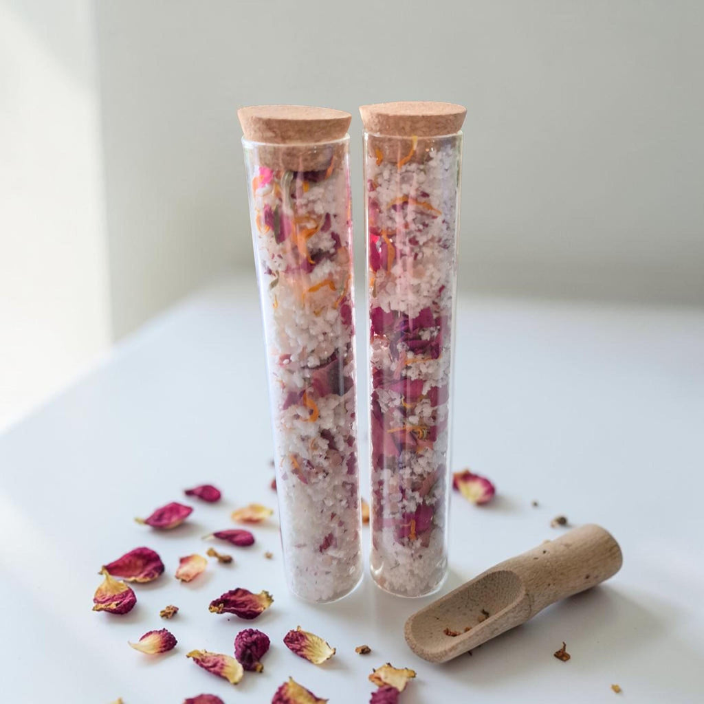 relaxing rose and calendula fizzy bath salts, moisturizing floral, handmade bath gift, organic fizzy botanical soak