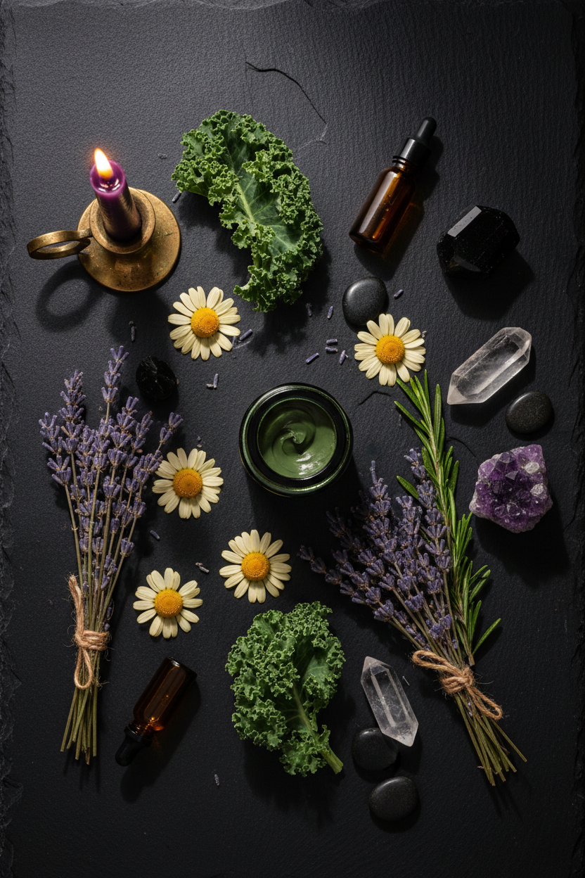 Dark moody lifestyle flat lay of Soothing Kale & Chamomile Clay Mask with chamomile flowers, kale leaves, crystals, and candlelight